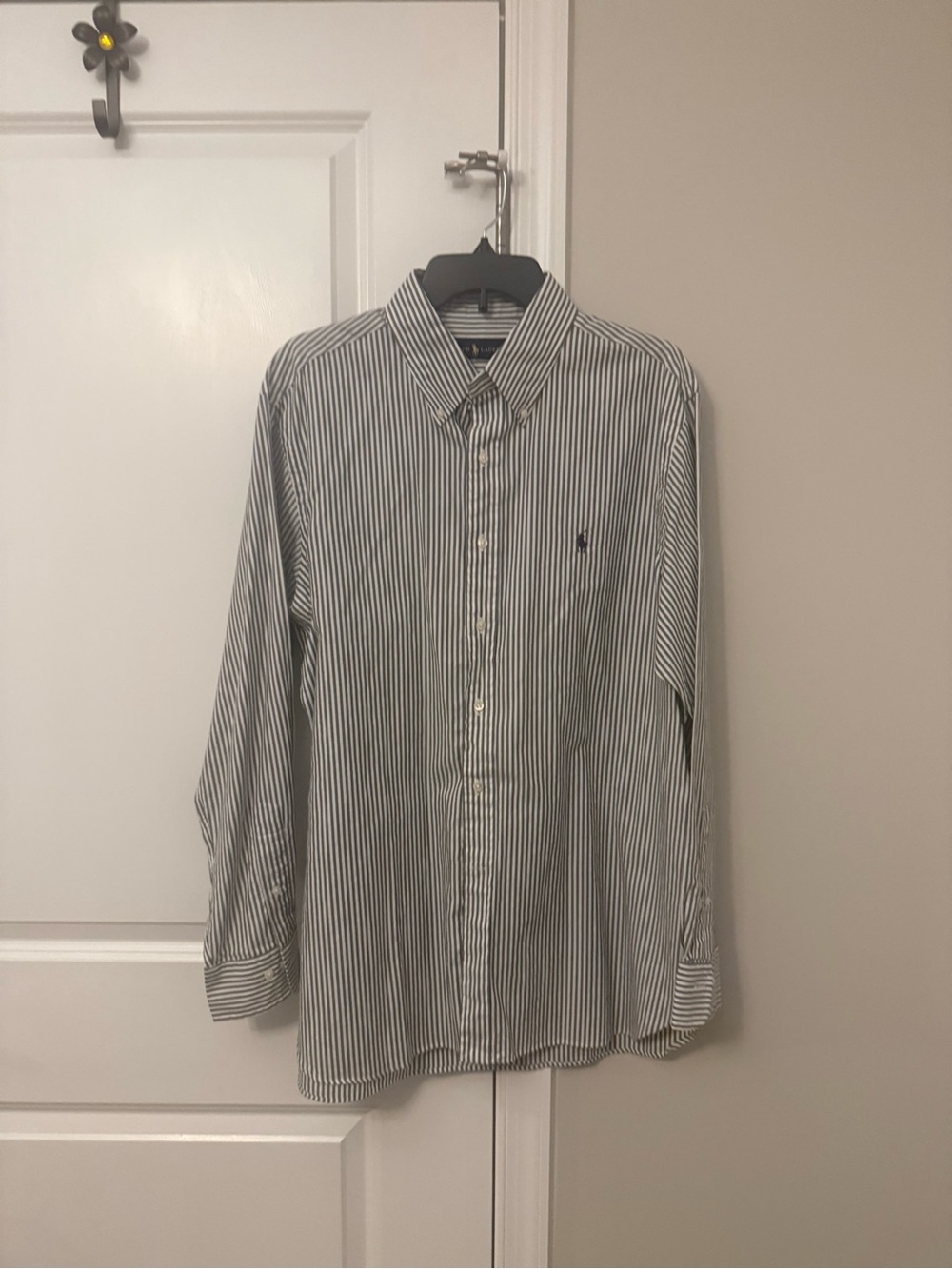 Ralph Lauren Men's Navy and White Vertical Stripe Button-Down Shirt